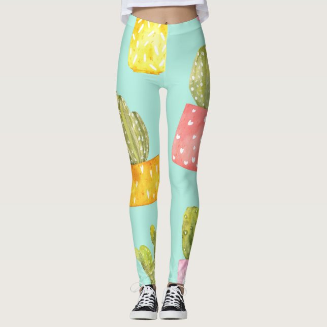Legging Cactos picantes em potes, padrão de aquarela. (Frente)