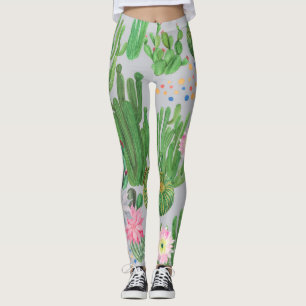 Legging Cactus e flores, pintura sem costura com aquarela.