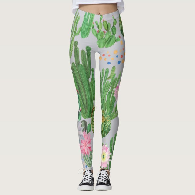 Legging Cactus e flores, pintura sem costura com aquarela. (Frente)