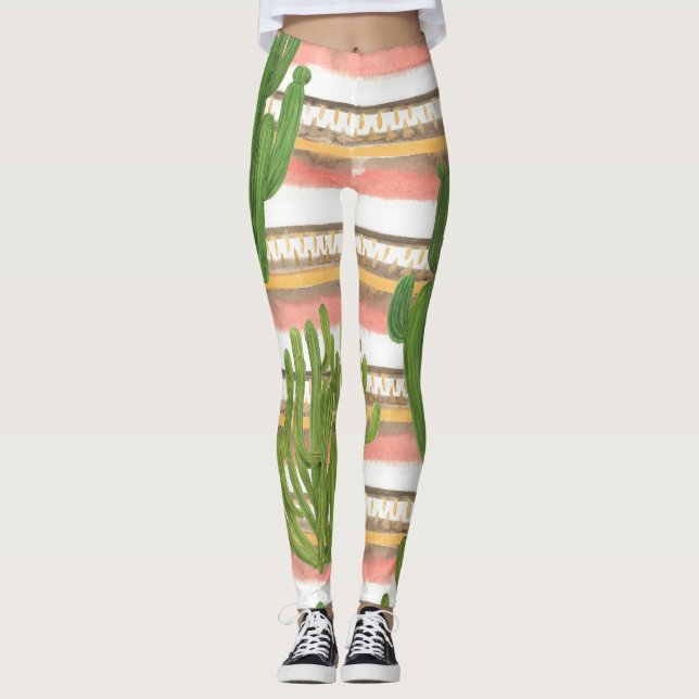 Legging Cactus watercolor, fundo de banda, parte sem costu (Frente)