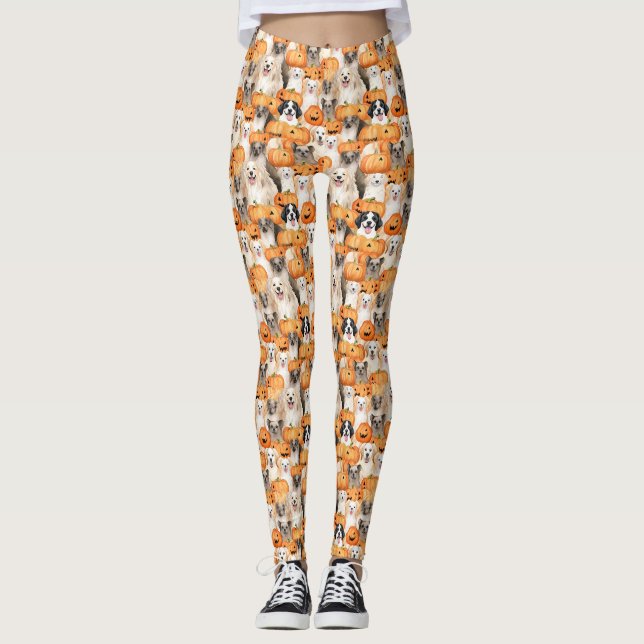 Legging Cães de Halloween - Raças de Cães Fofos com Abóbor (Frente)