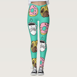 Legging Cães engraçados, rosquinhas, padrão de café.