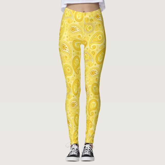 Legging Calça de ioga elegante amarela padrão Paisley (Frente)