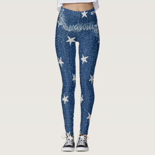 Legging Calça Jeans Azul Estrelas Irregulares Remendo de F