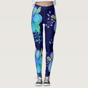 Legging Calças De Ioga Azuis E Rosa Flores