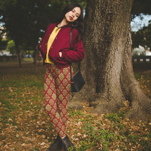 Legging Calças de Natal Douradas Vermelhas em Árabe