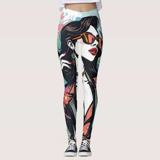 Legging Calças de Yoga com Salpicos de Pintura Floral Abst (Frente)