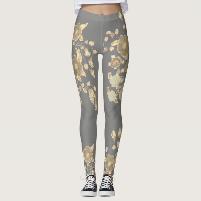 Legging Calças de Yoga de Cinza Flor Elegante (Frente)