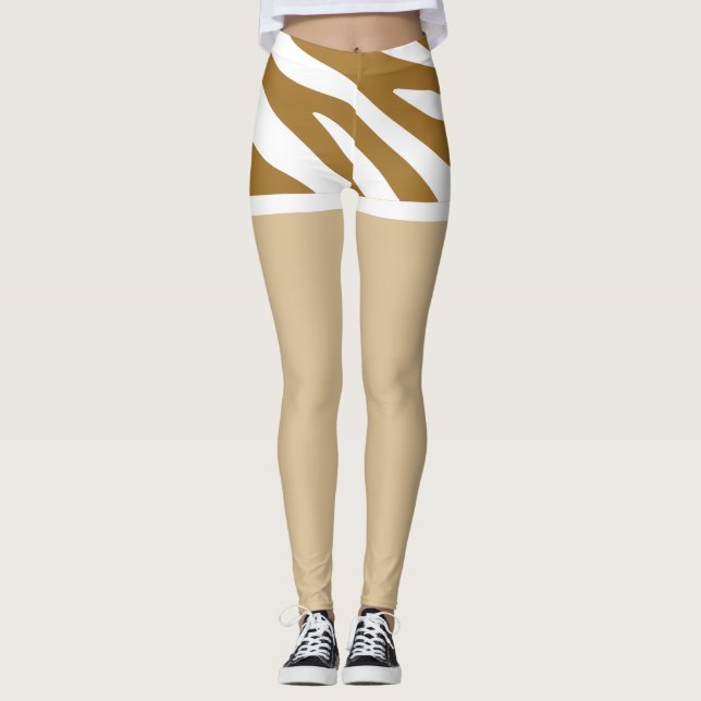 Legging Calções bonito, de design, castanho e branco (Frente)