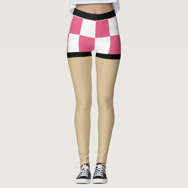 Legging Calções sexy falsas l Checkerd rosa e branco (Frente)