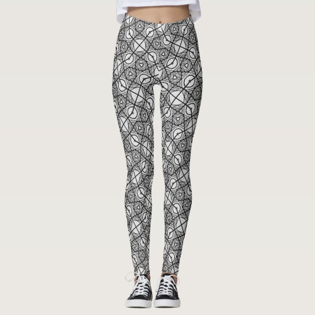 Legging Caleidoscópio de Arte em Linhas Pretas e Brancas I (Frente)
