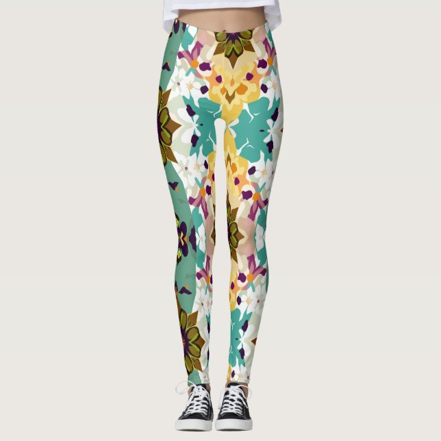Legging Caleidoscópio Floral Geométrico Padrão Sem Costura (Frente)