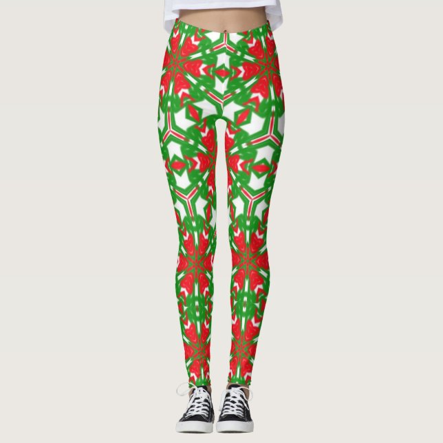 Legging Caleidoscópios vermelhos, brancos e verdes (Frente)