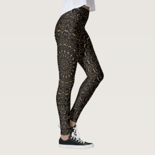 Legging Camelo sobre o Medalhão Negro Mandala Caleidoscópi