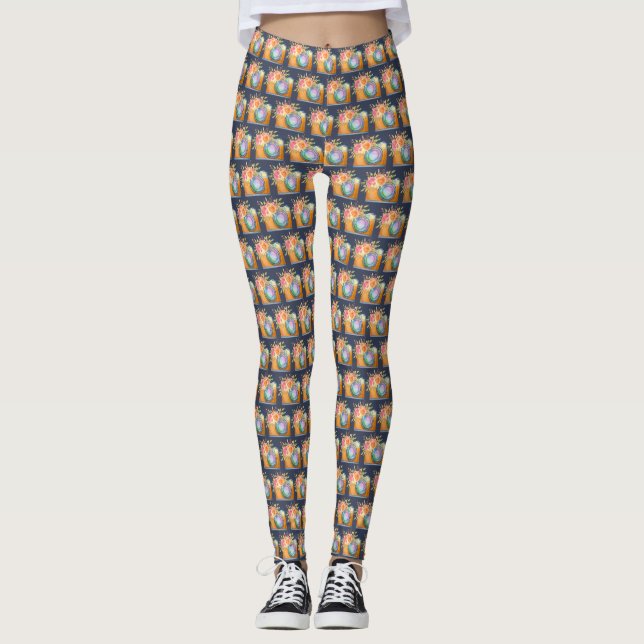 Legging Câmera Laranja Boho e Flores Padrão de Aquarela (Frente)