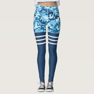 Legging Camo azul tripla de tiras brancas coxa alta