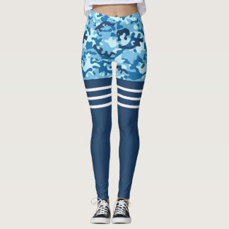 Legging Camo azul tripla de tiras brancas coxa alta