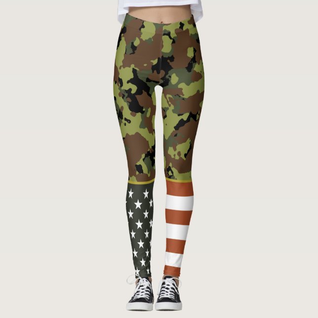 Legging Camo Verde Militar da Bandeira Americana (Frente)