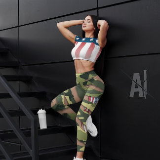Legging Camo verde, padrão de tigre, bandeira de tatuagem 