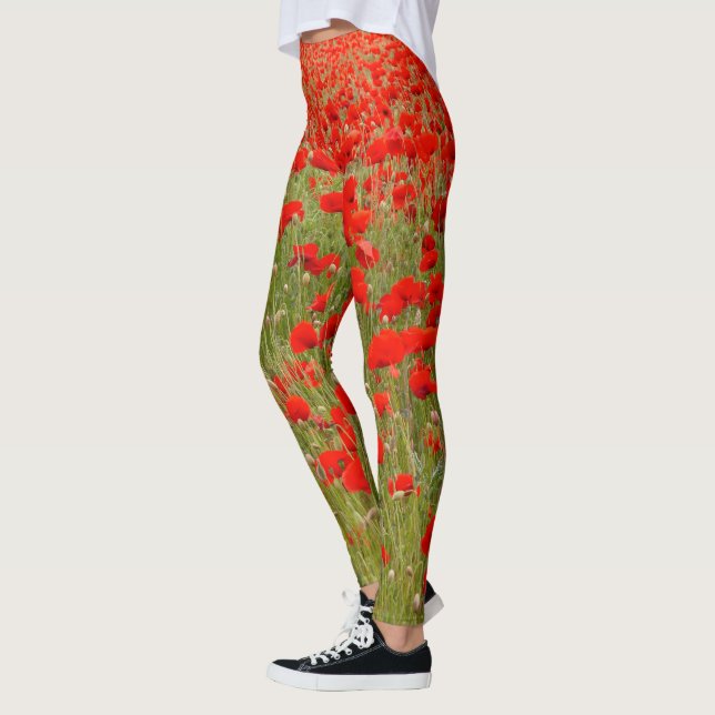 Legging Campo de flores de papoula vermelha amarrado (Esquerda)