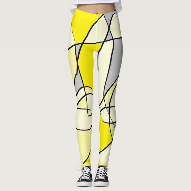 Legging Caneleiras abstratas brancas e pretas amarelas (Frente)
