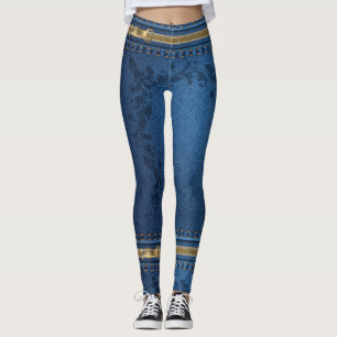 Legging Caneleiras azuis de Jean do Zipper Dourado