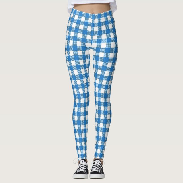 Legging Caneleiras Checkered brancas do azul bávaro (Frente)