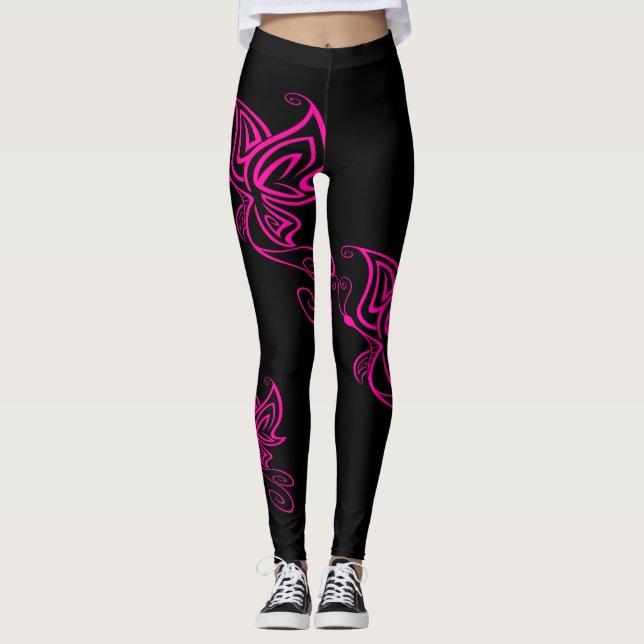 Legging Caneleiras da borboleta do rosa quente (Frente)