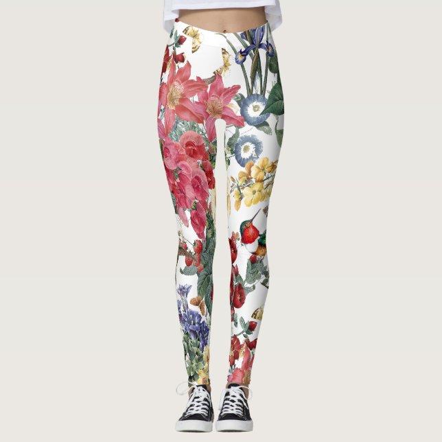 Legging Caneleiras das borboletas das flores dos pássaros (Frente)