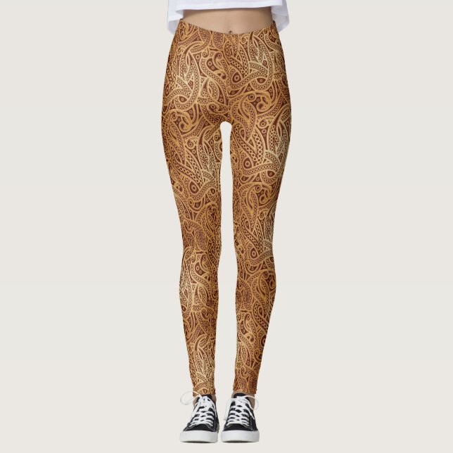 Legging Caneleiras douradas à moda de Brown Paisley (Frente)