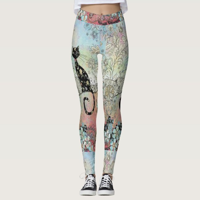 Legging Caneleiras florais da silhueta do gato de paisley (Frente)