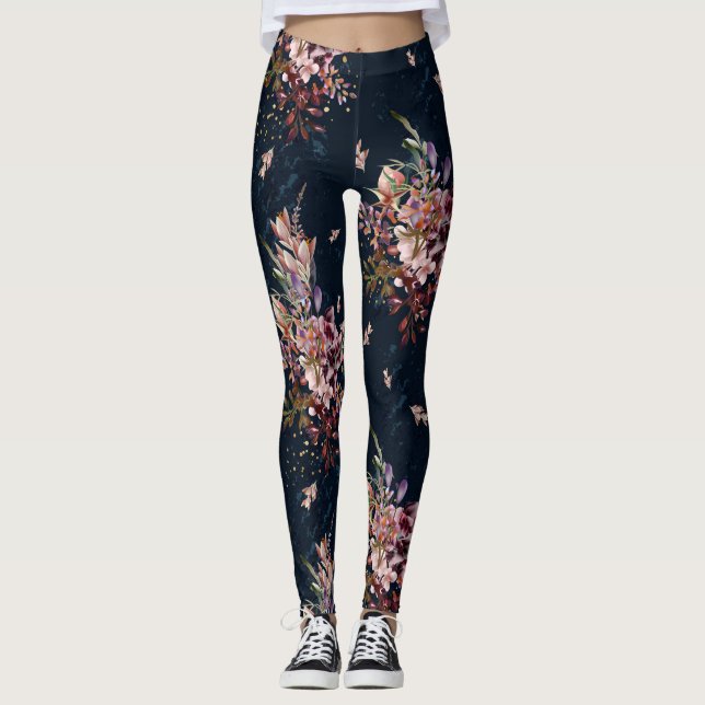 Legging Caneleiras florais do marinho das mulheres