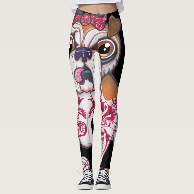 Legging Caneleiras inglesas Tattooed do buldogue (Frente)