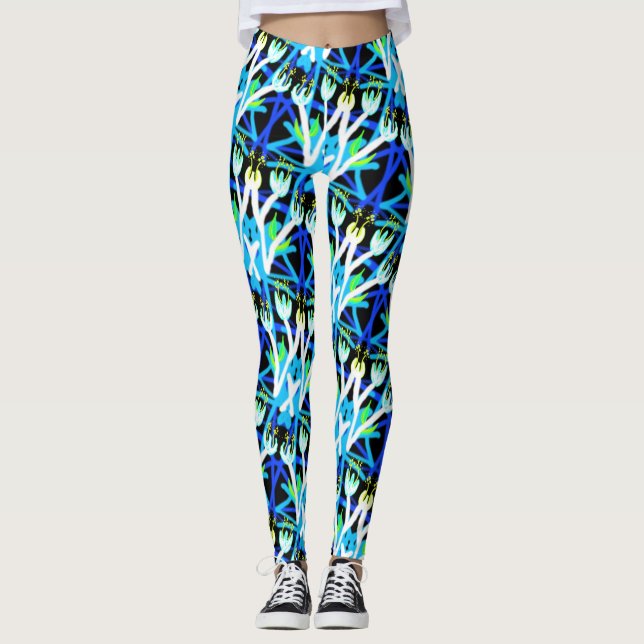 Legging Caneleiras Jimette Desenho flores azuis e brancas (Frente)