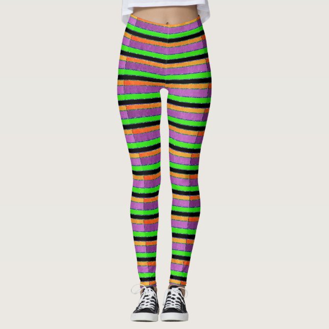 Legging Caneleiras listradas alaranjadas e verdes roxas (Frente)