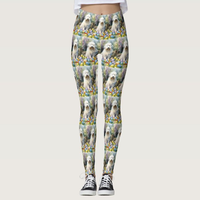 Legging Cão de Ovelha do Inglês Antigo com Feriado de Ovos (Frente)