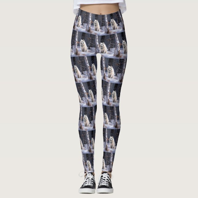 Legging Cão Esquimó Americano Natal Neve Caindo (Frente)