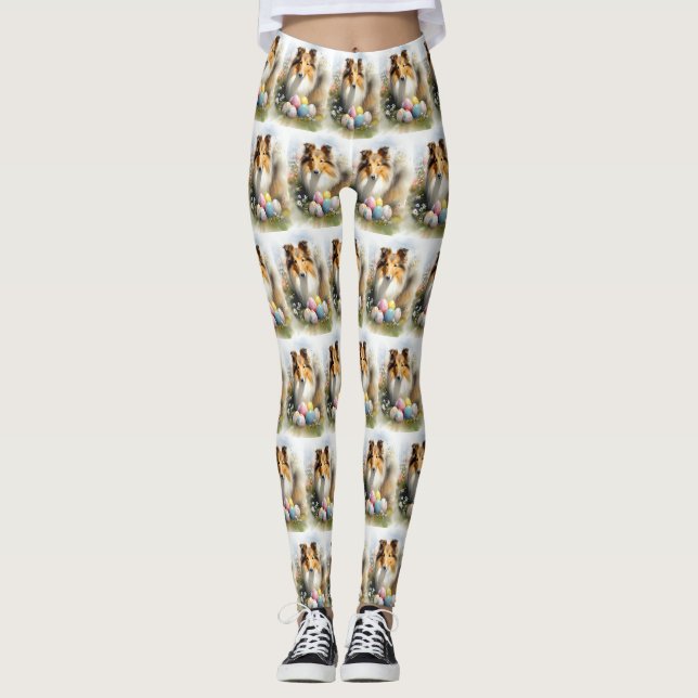 Legging Cão Rough Collie com Férias de Ovos de Páscoa  (Frente)