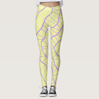 Legging Caos Abstrato Amarelo com Linhas Onduladas Roxas