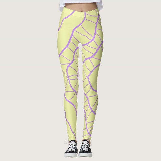 Legging Caos Abstrato Amarelo com Linhas Onduladas Roxas (Frente)