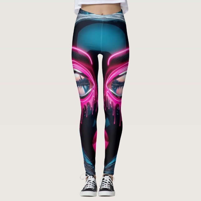 Legging Cara Abstrata Olhos Vermelhos Grandes Lábios Verme (Frente)