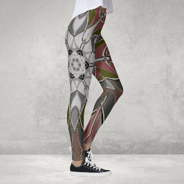 Legging Cartografia Mandala Flor Branco Vermelho e Verde