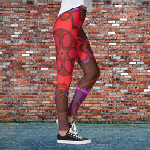 Legging Cartoon Mandala Flor Vermelho Rosa e Púrpura