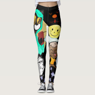 Legging Cartoons engraçados estrelas verdes amarelas negr