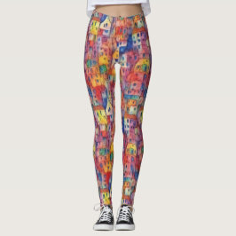 Legging Casa Colorida Artística Cidade Padrão Aquarela