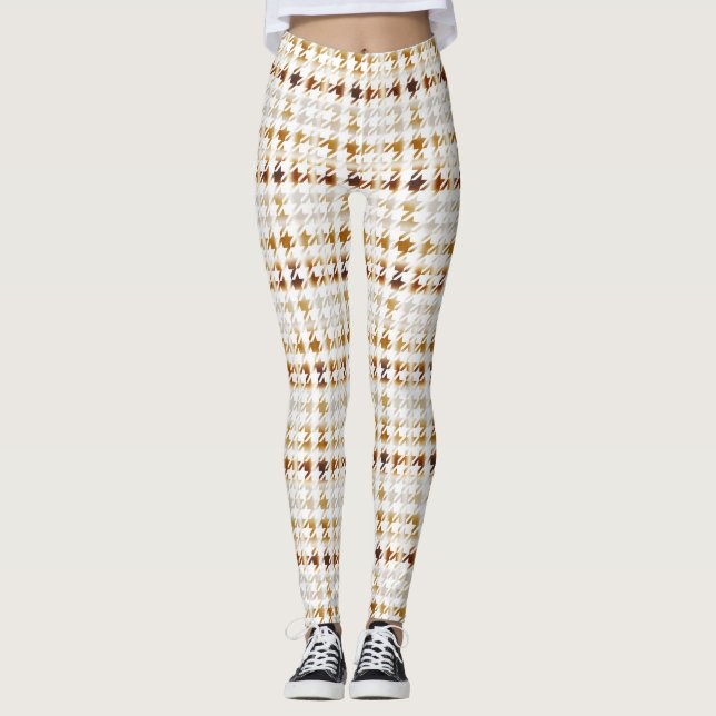 Legging Castanho Suave Houndstooth no Padrão Branco (Frente)