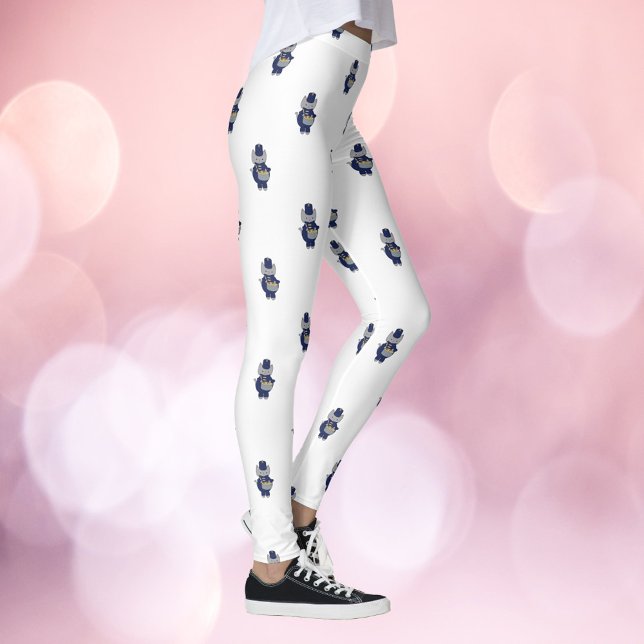 Legging Cat Drummer Marching Band Navy Blue Gold Pattern (A pair of leggings with a pattern of snare drum playing cats in navy blue and gold.)