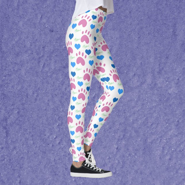 Legging Cat Paws Hearts Meow Pink Blue Green Pattern (Leggings with a pattern of pink cat paws, blue hearts and green meows.)