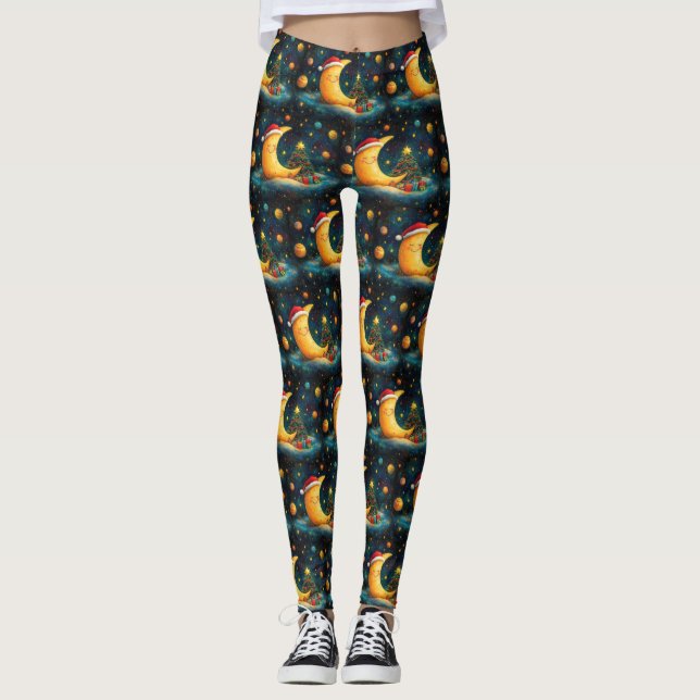 Legging Celebração Divertida da Lua da Galáxia no Natal (Frente)