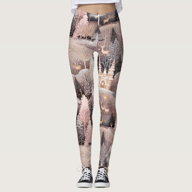 Legging Cena de Castelo de Fantasia com Cervos no Inverno  (Frente)